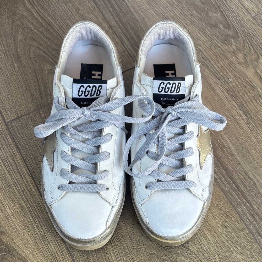 Golden Goose Deluxe Brand White and Gold Sneakers